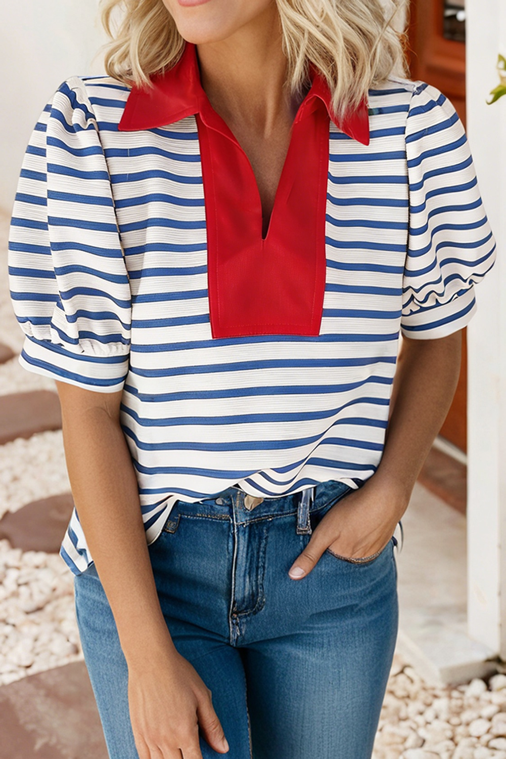 Casual Striped V Neck Short Dleeve Top