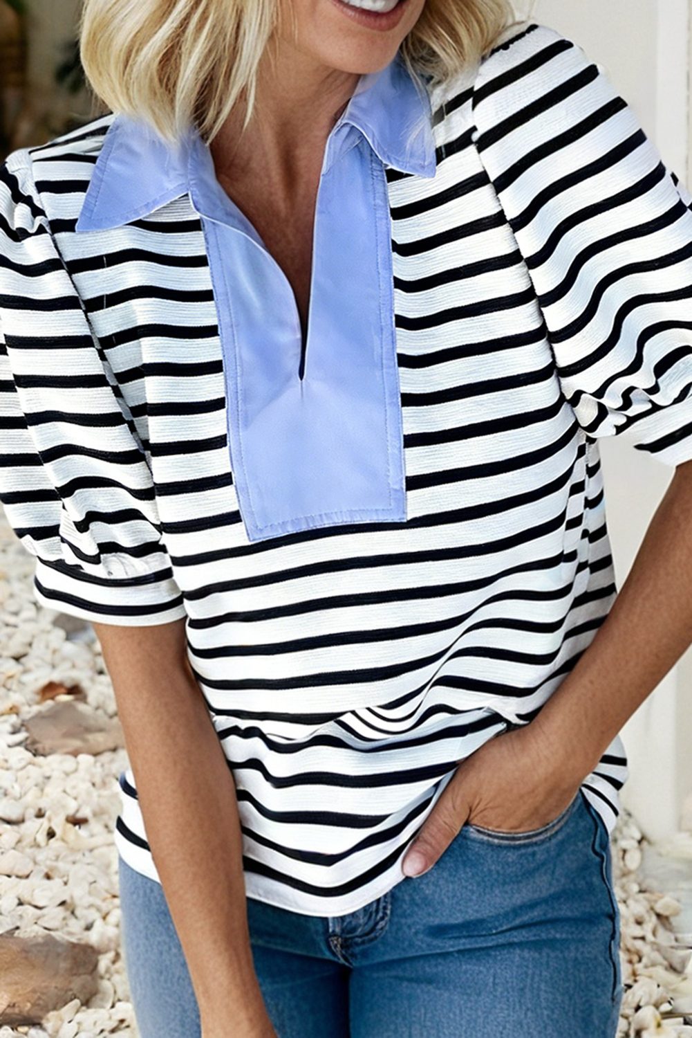 Casual Striped V Neck Short Dleeve Top