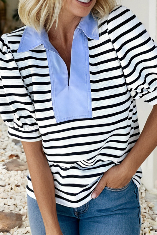 Casual Striped V Neck Short Dleeve Top