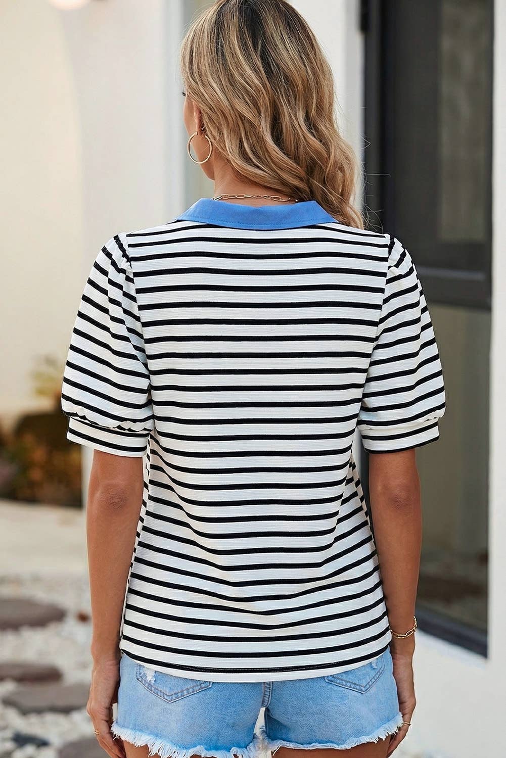 Casual Striped V Neck Short Dleeve Top