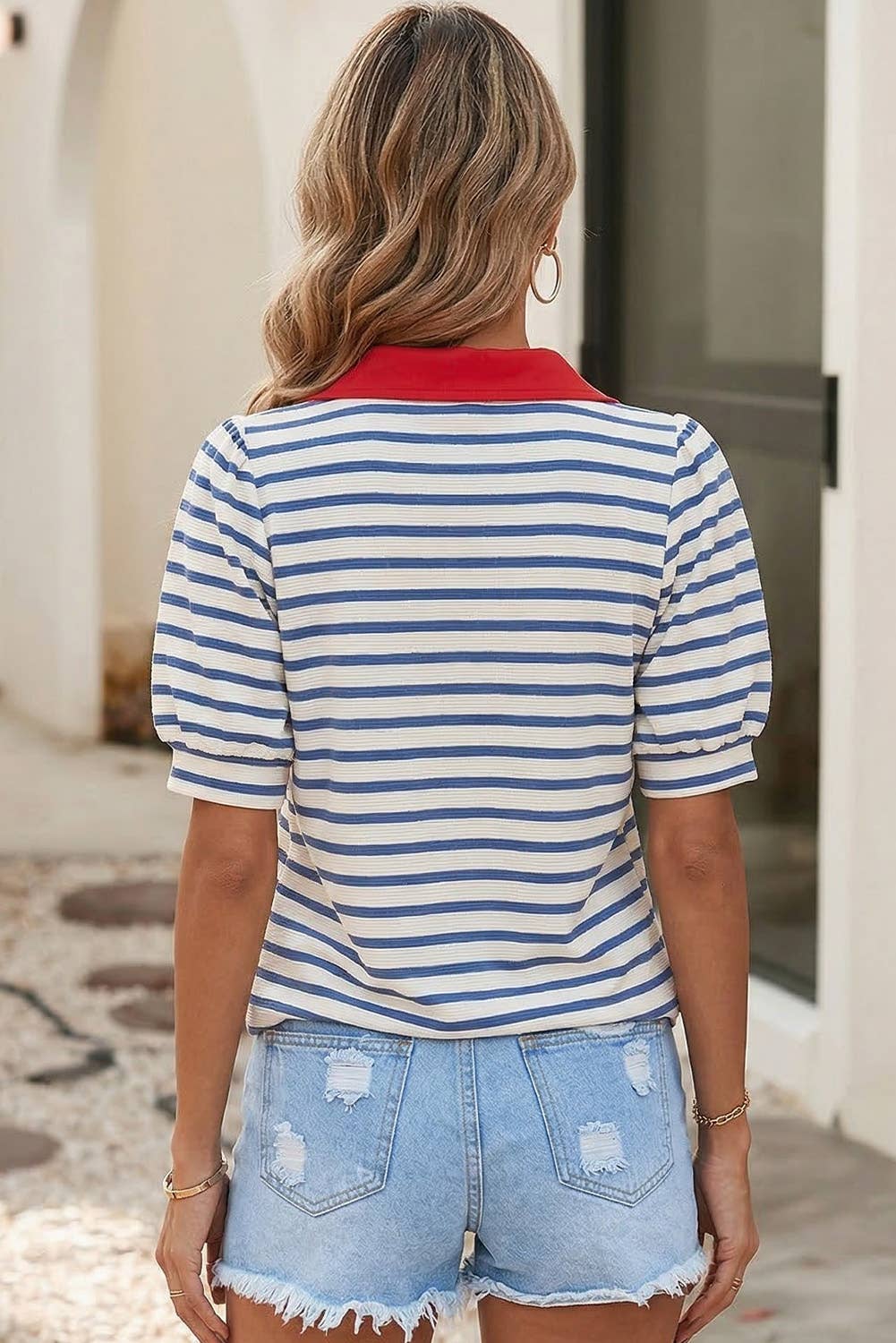Casual Striped V Neck Short Dleeve Top