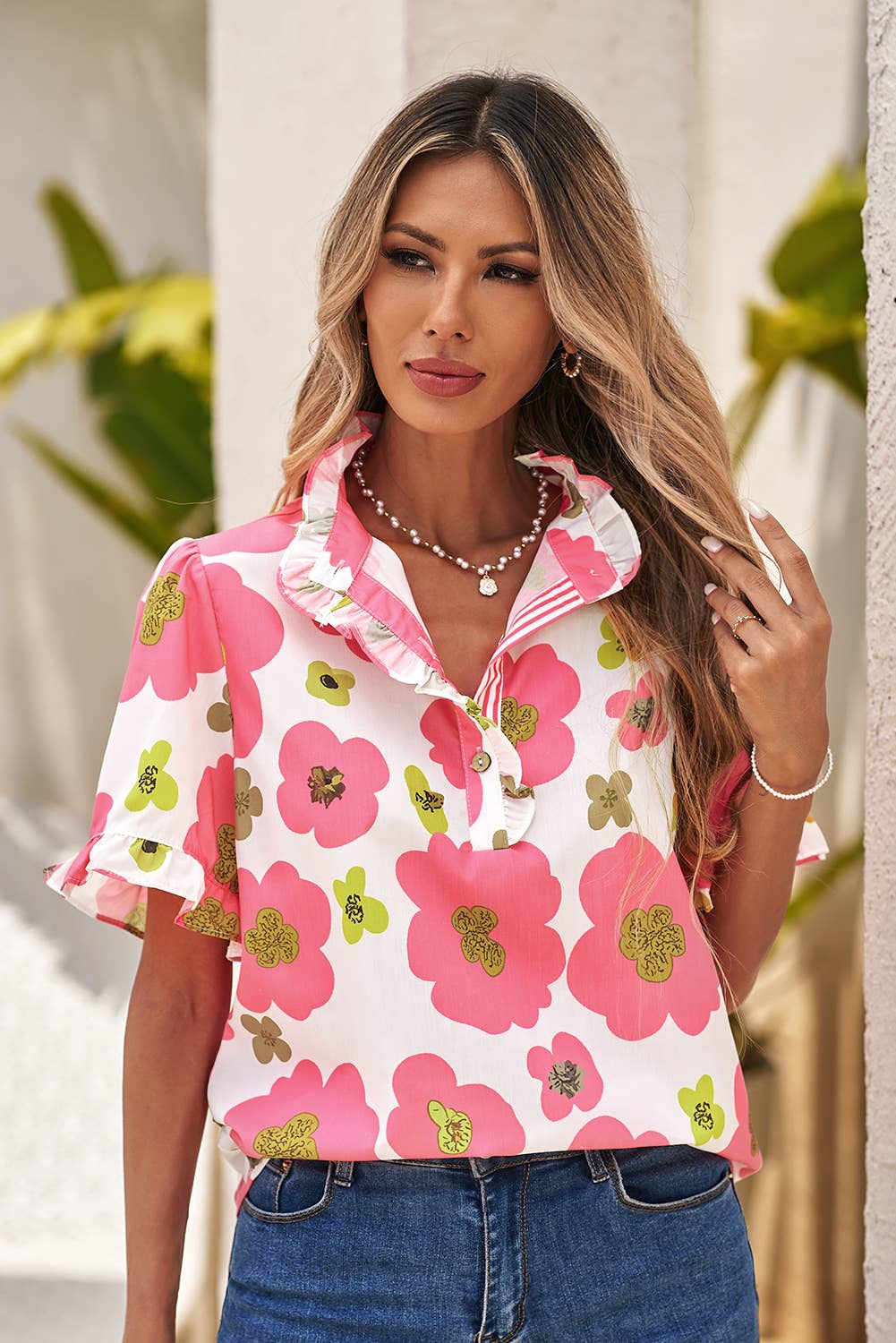 Floral Ruffle Short Sleeve Striped Buttoned Blouse