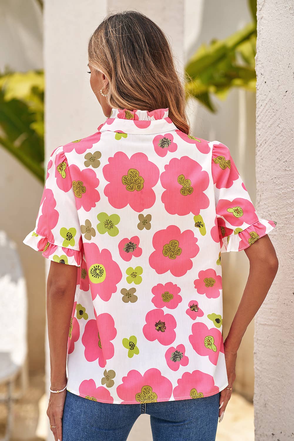 Floral Ruffle Short Sleeve Striped Buttoned Blouse